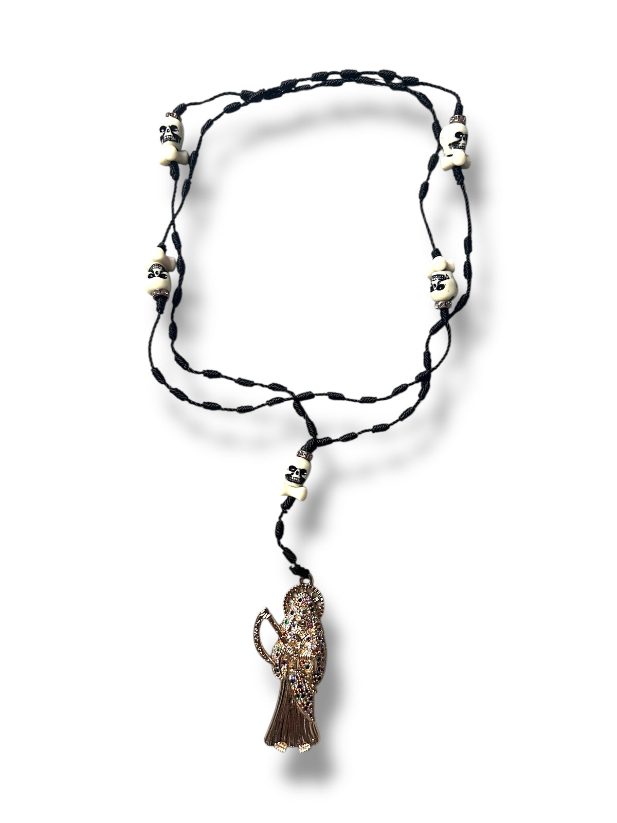 Shadow Santa Muerte Rosary – Black & Gold Protection