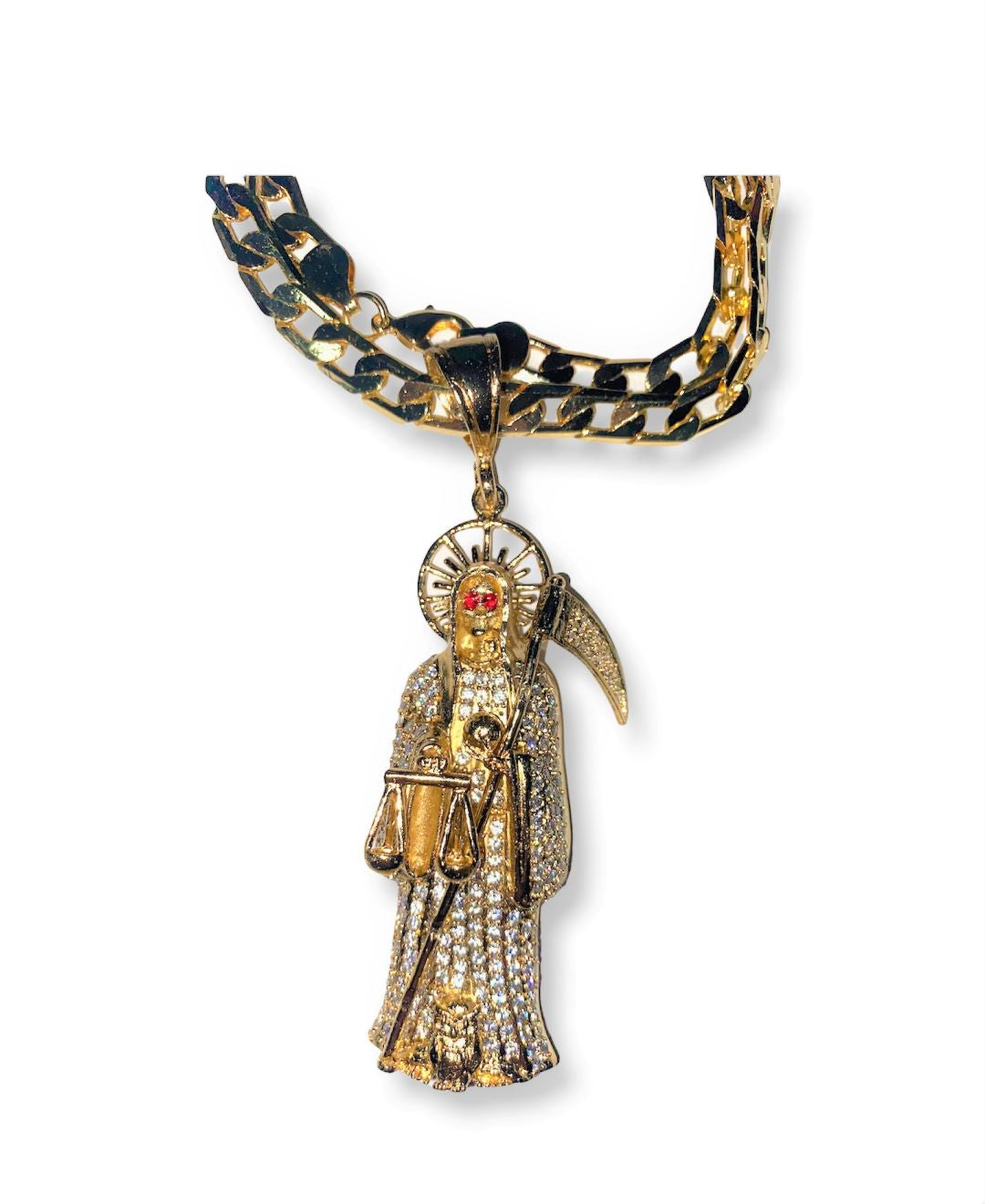 Red Crystal Purl Eye Gold Filled Santa Muerte